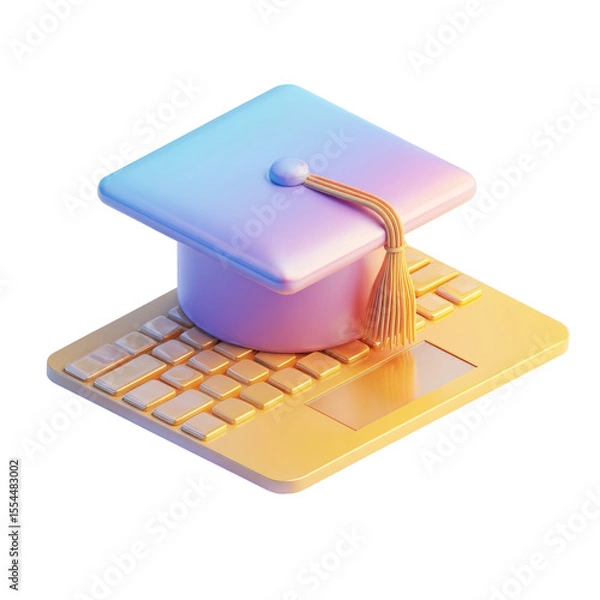 Fototapeta 3D Rendered Graduation Cap on Computer Keyboard Symbolizing Online Education and Learning in Modern Digital Environment