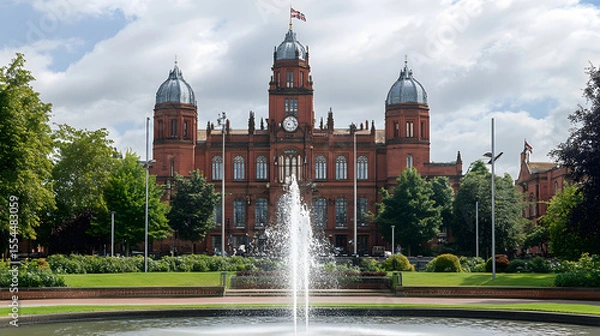 Obraz A magnificent town hall in the West Midlands with a fountain in its courtyard. Illustration of popular places in the world.