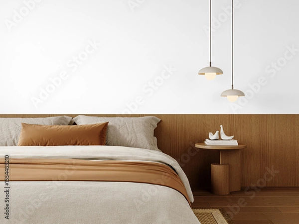 Fototapeta Minimalist Bedroom Right Side PNG with Hanging Pendant Lights and Nightstand Decor Isolated on Transparent Background with Floor Shadow – Transparent Wall Mockup with Realistic Shadows – 3D render