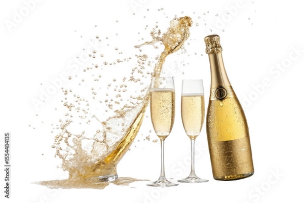 Fototapeta Champagne bottle and glasses with explosive splash isolated on transparent background