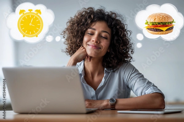 Obraz Woman in office dreams of a hamburger for lunch. Office work and lunch break concept. Lifestyle portrait for poster, social media, design	