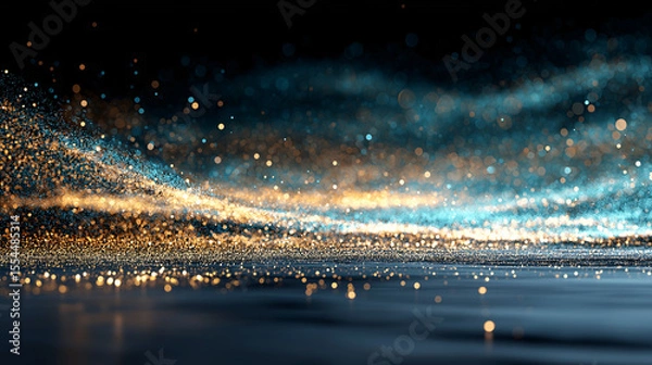 Fototapeta Abstract wave of glowing golden and blue particles on a dark background, evoking a sense of fluid motion and futuristic elegance. Ideal for tech, design, and creative projects.