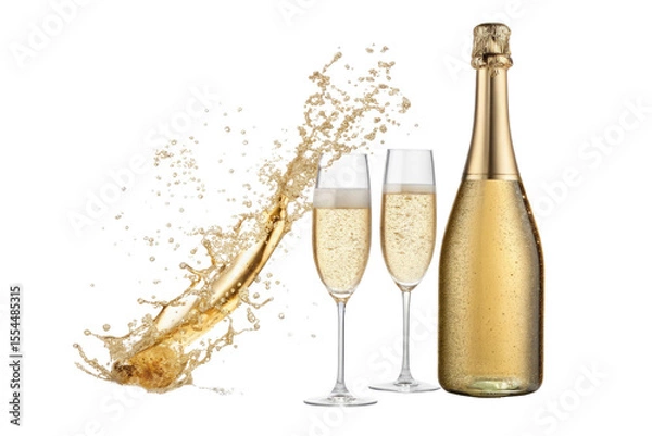 Fototapeta Champagne bottle and two glasses with splash isolated on transparent background