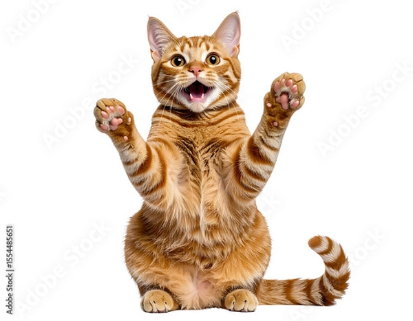 Fototapeta Surprised Cat Sitting Upright with Paw Lifted, isolated on a transparent background