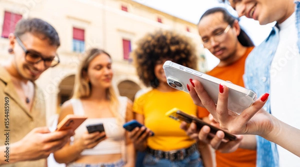 Fototapeta Happy young people having fun watching smart mobile phone device - Technology life style concept