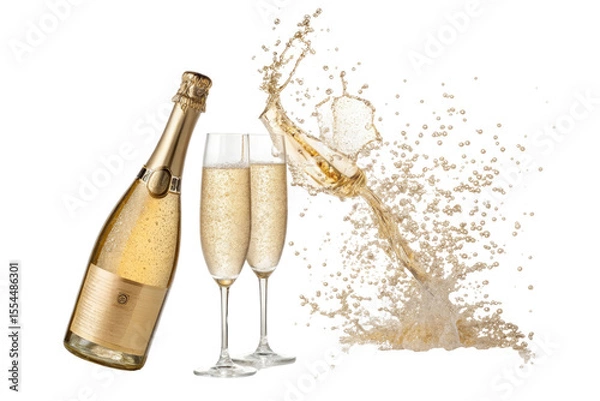 Fototapeta Champagne bottle and two glasses with a splash of champagne isolated on transparent background