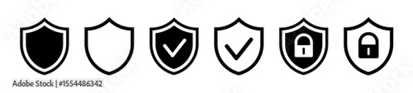 Fototapeta Security shield icons, security shields logotypes with check mark and safe lock. Safety shield symbols