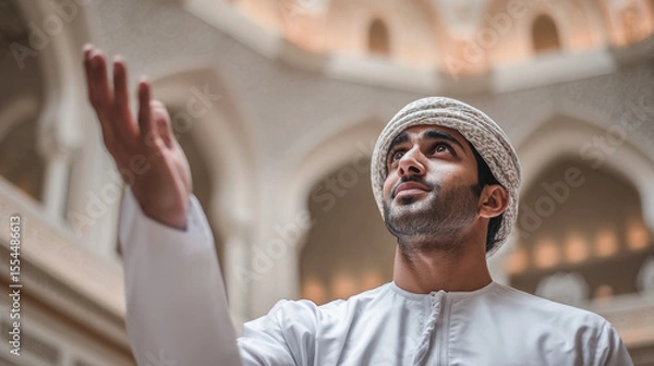 Fototapeta Young Middle Eastern man in traditional attire raises hand in prayer inside ornate mosque, captured from a low angle emphasizing reverence and architectural beauty.