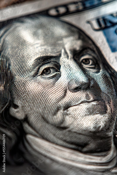 Fototapeta Close-up macro of Benjamin Franklin's face on a US hundred dollar bill, showcasing detailed security print features and textured engraving.