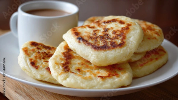 Fototapeta Golden cheese pancakes served on a white plate with a hot drink, creating a cozy and appetizing breakfast scene in warm natural light.