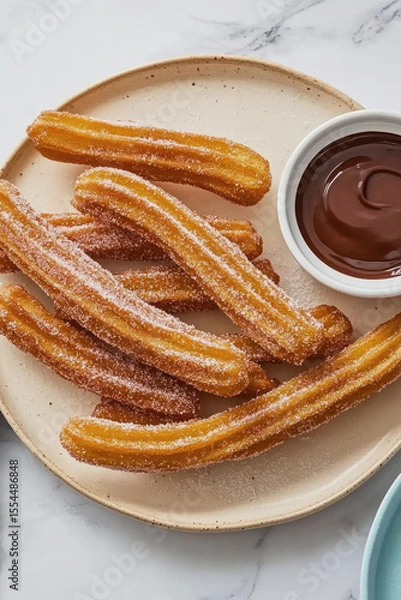Fototapeta Golden churros coated in sugar served on a plate with rich chocolate dipping sauce, captured from above in a clean, appetizing presentation.