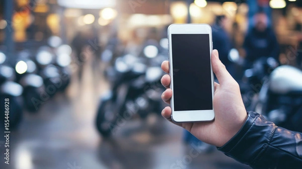 Fototapeta Person holding smartphone with blank screen at motorcycle showroom, suggesting browsing, shopping or navigation in a modern tech-savvy environment.