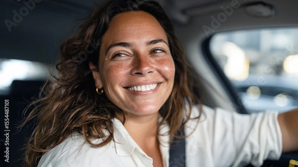 Fototapeta Happy woman driving car, smiling confidently in natural light, expressing joy, freedom and positivity in a candid urban setting.