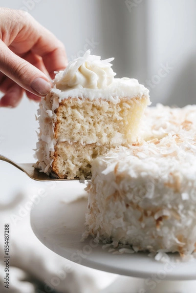 Fototapeta Close-up of a hand serving a moist slice of coconut cake with creamy frosting and toasted coconut flakes, captured in soft natural light for a fresh, homemade feel.