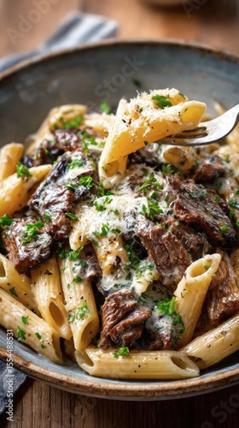 Fototapeta Close-up of creamy penne pasta with grilled beef and parmesan, garnished with fresh herbs, served in a rustic bowl on a wooden table.