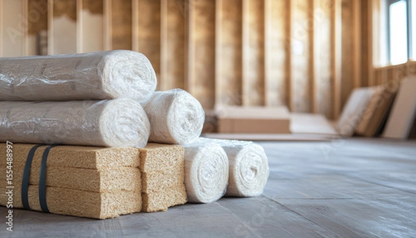 Fototapeta Natural insulation materials stacked on floor inside a house under construction, highlighting eco-friendly building solutions and sustainable architecture practices.
