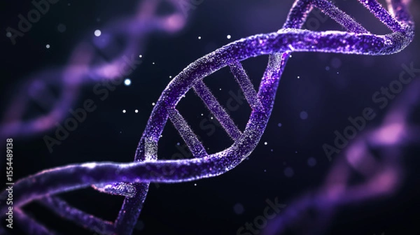 Fototapeta Close-up of a glowing purple DNA strand on a dark background, showcasing molecular structure and detail. Ideal for biotech, research, or educational visuals.