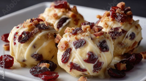 Fototapeta Close-up of white chocolate truffles topped with dried cranberries and nuts on a white plate, showcasing a rich, festive dessert in fine detail.