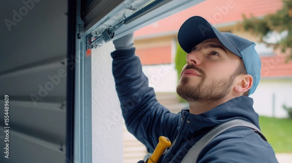 Fototapeta Technician inspecting and repairing a garage door mechanism, wearing uniform and cap, demonstrating professional maintenance service at residential property.