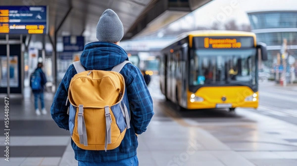 Fototapeta Traveler with yellow backpack waiting at urban bus terminal on a cold day, facing an approaching yellow city bus under a modern covered station. Selective focus.