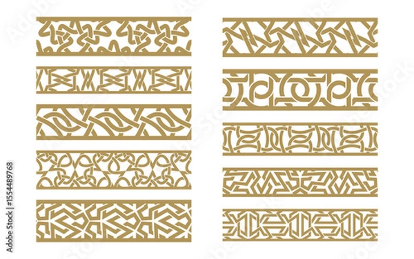Fototapeta Set of 10 vector ornamental borders with geometric interwoven strips. Decorative seamless frames in ethnic and abstract style. Editable strokes, isolated on white background.