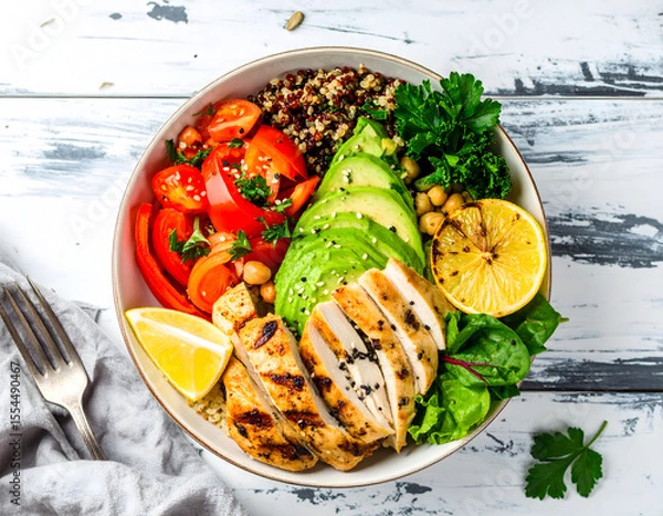 Fototapeta Beautifully arranged Chicken and Quinoa Bowl with fresh vegetables, garnished and ready to be enjoyed in a bright, inviting setting