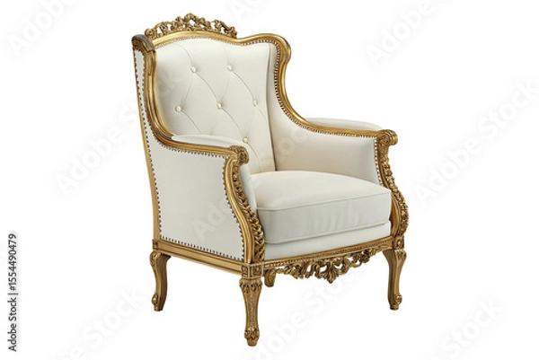 Fototapeta Elegant white armchair with ornate gold trim and tufted back isolated on transparent background