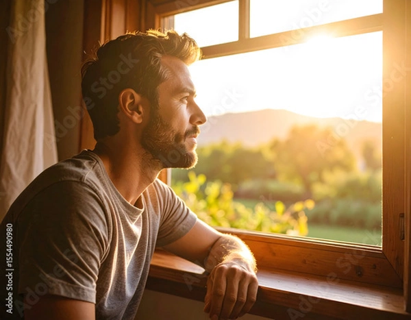 Fototapeta Man lost in thought gazing out of a window at sunset with warm light illuminating his face in a cozy interior setting