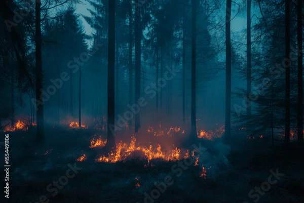Fototapeta Forest fire burning through trees in a dense forest, with flames and smoke spreading across the ground and creating an ominous scene.