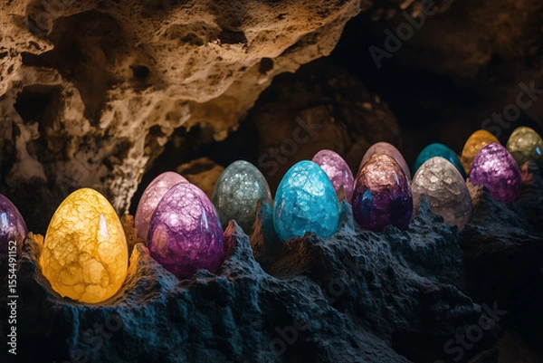 Fototapeta Colorful, glowing eggs nestled in a dark, rocky cave, illuminated by soft light, creating a mystical and enchanting atmosphere.