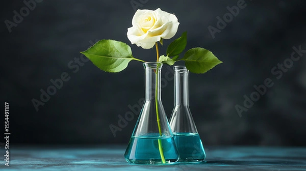 Fototapeta A white rose with green leaves is placed in a glass flask filled with blue liquid, set against a dark background.