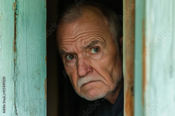 Fototapeta An elderly man with a serious expression peers through a gap between weathered, turquoise-painted wooden panels.