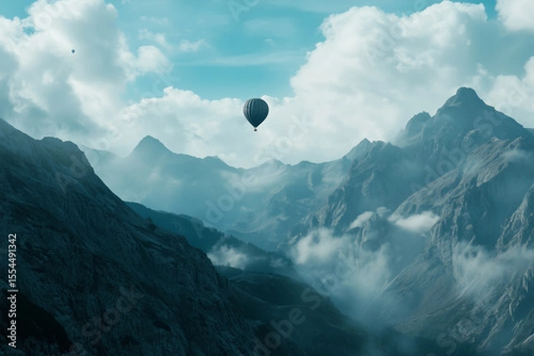 Fototapeta A hot air balloon floats above rugged mountain peaks with clouds surrounding the valleys and a blue sky overhead.
