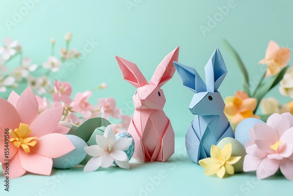 Fototapeta Two origami rabbits, one pink and one blue, surrounded by pastel paper flowers on a light turquoise background.