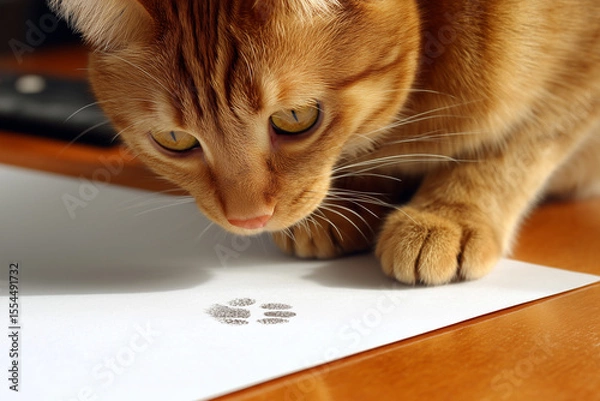 Fototapeta An orange tabby cat inspects a paw print on a white sheet of paper on a wooden surface.