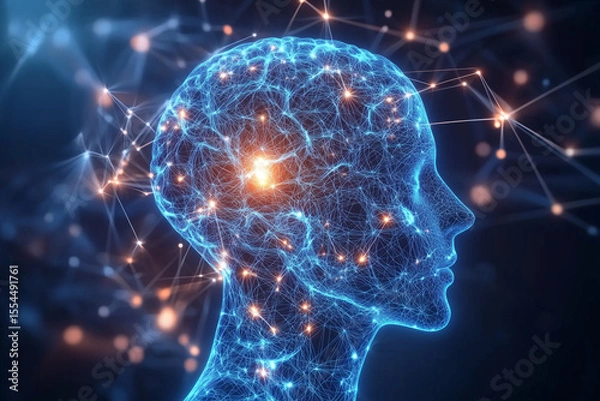 Fototapeta Digital illustration of a human head with interconnected glowing neural networks and bright points representing brain activity and data connections.