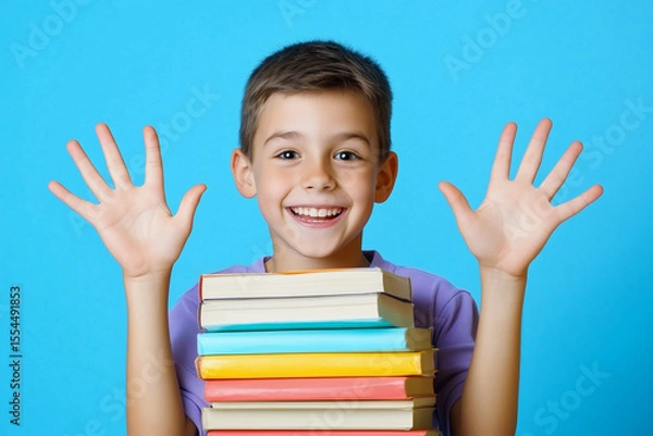 Fototapeta A smiling young boy with short brown hair holds a stack of colorful books in front of him, raising both hands against a bright blue background.