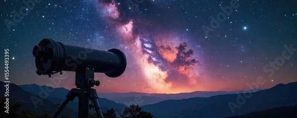 Fototapeta A large astronomical telescope pointed towards the night sky, capturing the vast expanse of stars and galaxies Its powerful lens promises incredible celestial discoveries , satellite, lens, cosmology