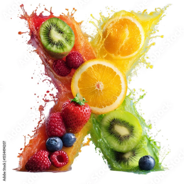 Fototapeta Colorful fruit splash forming letter x isolated on transparent background