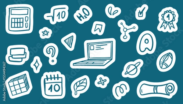 Fototapeta Colorful school sticker collection with backpacks, books, clocks, and lunchboxes. Hand-drawn doodle icons ideal for planners, digital scrapbooks, or classroom decoration. Vector files included.