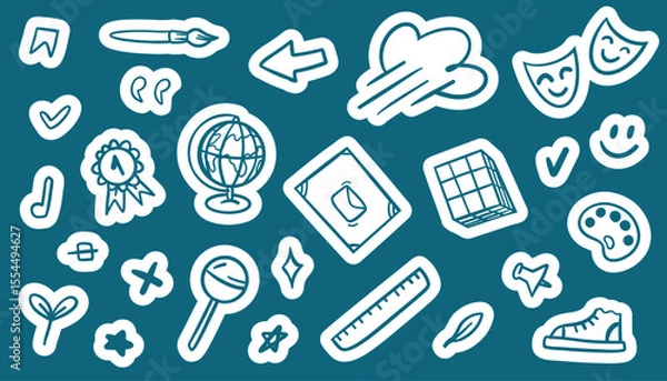 Fototapeta School supplies sticker set with pencils, erasers, rulers, and globes. Bright and playful vector illustrations for kids, teachers, or educational content creators. Perfect for digital use.
