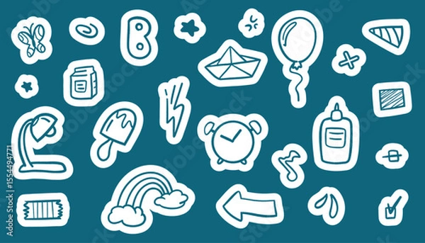 Fototapeta Set of colorful school stationery stickers. Includes rulers, scissors, paintbrushes, and calculators in doodle style. Perfect for classroom resources, scrapbooks, or planner decoration.