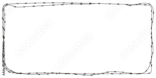Fototapeta Barbed wire rectangular border frame. Black fill silhouette vector for prison, war zone, restricted area or danger concept. Sharp metal security design element.