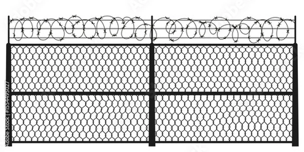 Fototapeta Chain link fence with barbed wire. Metal construction with sharp barbs for prison, military, or border security. Steel barrier or cage design. Vector illustration.
