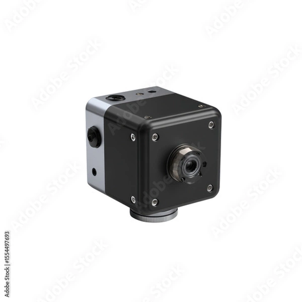 Fototapeta Compact cube-shaped device with matte black body and round lens