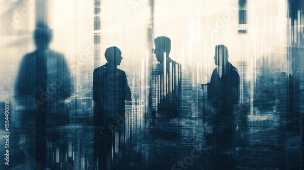 Fototapeta Blurred figures in suits stand in a bright room or office setting.