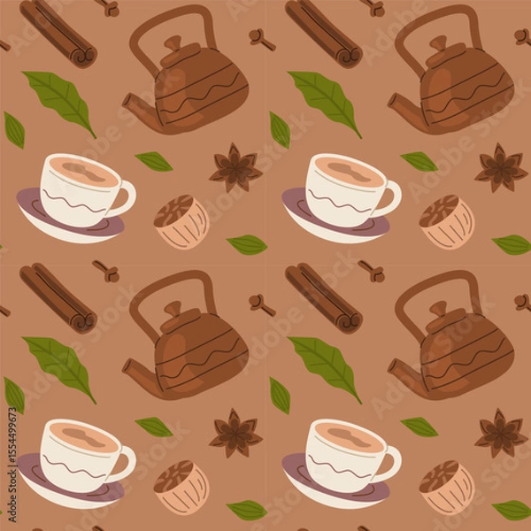 Fototapeta Masala Chai Seamless Pattern with Spices