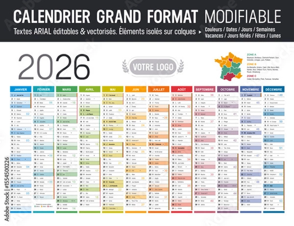 Obraz Calendrier Français 2026 modifiable, grand format France, éléments isolés sur calques, textes en Arial, éditables et vectorisés