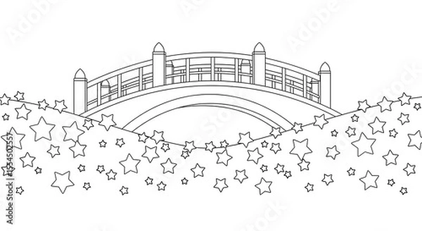 Fototapeta Simple line art of a curved bridge with stars falling isolated on transparent background