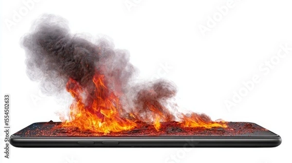 Fototapeta Hyper-realistic mobile phone on fire with smoke rising from the bottom, lying flat against a white background, showing concept of fire, smoke, burning, overheating, and electronic danger.